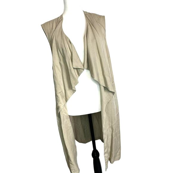 CHICO'S | 2 Large Draped Long Vest Cardigan Lightweight Tan Khaki Pockets Ruffle - Picture 1 of 12